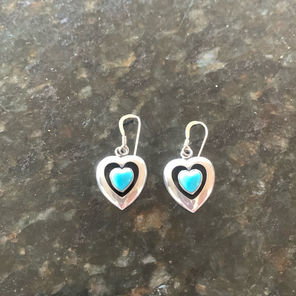 Running Bear Sterling and Turquoise Heart Earrings